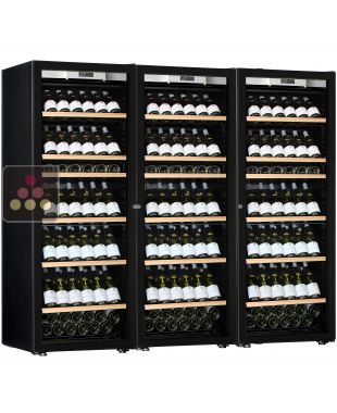 Combination of a 3 single temperature ageing or service wine cabinets - Full Glass door - Inclined bottles display TRANSTHERM