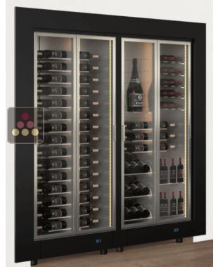 Built-in combination of 2 professional multi-temperature wine display cabinets - Mixed shelves - Flat frame CALICE DESIGN