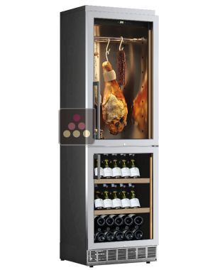 Built-in dual-temperature combination : wine and cured meat cabinets - Stainless steel front - Inclined bottles CALICE