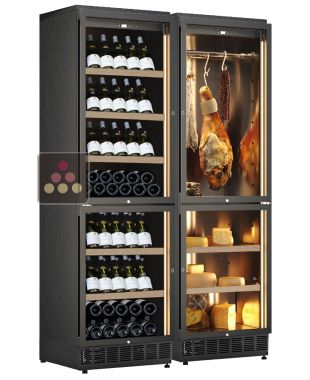 Built-in combination of 2 wine cabinets, a cheese and cured meat cabinet - Inclined bottle display CALICE