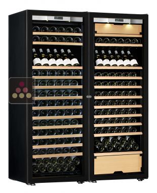 Combination of a single temperature wine cabinet and a 3 temperatures multipurpose wine cabinet - Storage/inclined shelves - Full Glass door TRANSTHERM