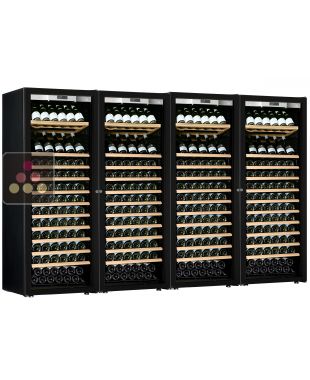 Combination of a 4 single temperature ageing or service wine cabinets - Full Glass door - Inclined and Sliding shelves TRANSTHERM