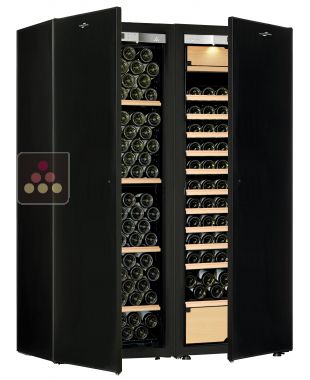 Combination of a single temperature wine cabinet and a 3 temperatures multipurpose wine cabinet - Storage/sliding shelves TRANSTHERM
