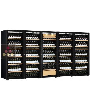 Combination of 4 single temperature wine cabinets and a 3 temperatures multipurpose wine cabinet - Inclined bottles - Full Glass door TRANSTHERM