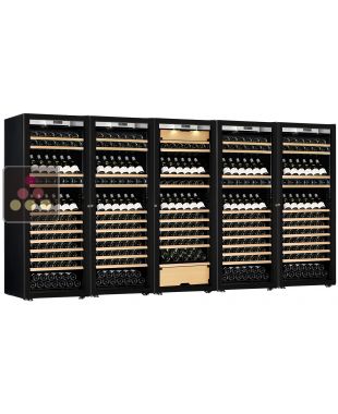 Combination of 4 single temperature wine cabinets and a 3 temperatures multipurpose wine cabinet - Inclined/sliding shelves - Full Glass door TRANSTHERM