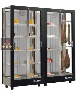 Combination of 2 professional refrigerated display cabinets for cheese and cured meat - 3 glazed sides - Magnetic and interchangeable cover CALICE DESIGN