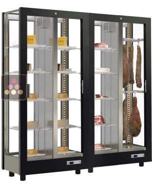 Combination of 2 professional refrigerated display cabinets for cheese and cured meat - 4 glazed sides - Magnetic and interchangeable cover CALICE DESIGN