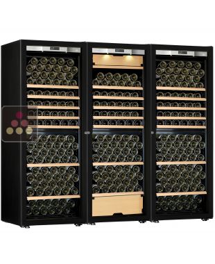 Combination of a 2 single temperature wine cabinet and a 3 temperatures multipurpose wine cabinet - Storage/sliding shelves - Full Glass door TRANSTHERM