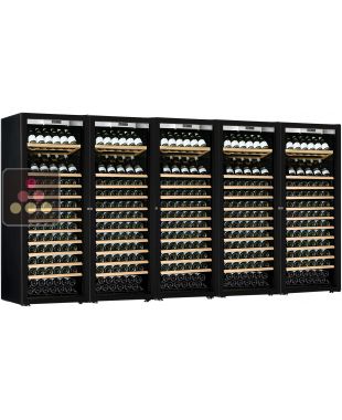 Combination of a 5 single temperature ageing or service wine cabinets - Full Glass door - Inclined and Sliding shelves TRANSTHERM
