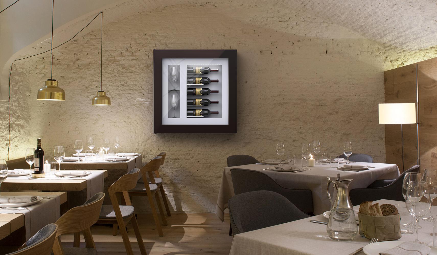 Silent refrigerated wine frame display for 5 bottles and 2 glasses